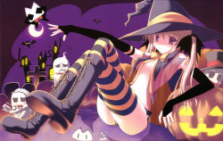 Rule 34 | 1girl, breasts, covered erect nipples, halloween, hat, highres, nanao naru, no bra, open clothes, open shirt, shirt, small breasts, solo, thighhighs, witch, witch hat