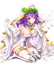 Rule 34 | 1girl, bad id, bad pixiv id, bare shoulders, belt, belt buckle, blush, boots, breasts, buckle, chain, cherry blossoms, cleavage, cosplay, detached collar, detached sleeves, elbow gloves, fate/grand order, fate/stay night, fate (series), full body, gloves, groin, hair between eyes, hands up, heavens feel, high heel boots, high heels, holding, large breasts, laurel crown, leg belt, leotard, lock, long hair, looking at viewer, matou sakura, nero claudius (bride) (fate), nero claudius (bride) (third ascension) (fate), nero claudius (fate), nero claudius (fate) (all), padlock, parted lips, petals, purple eyes, purple hair, saber bride, saber bride (cosplay), shiny skin, simple background, sitting, solo, thigh boots, thighhighs, uchuu gorira, underbust, veil, wariza, white background, white belt, white footwear, white gloves, white leotard, wide sleeves, wind, yellow belt, zipper, zipper pull tab