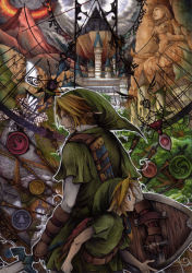 Rule 34 | 2boys, aged down, blonde hair, blue eyes, broccoli (arupuru), castle, deku shield, dual persona, gloves, hat, holding, holding sword, holding weapon, link, male focus, master sword, multiple boys, nintendo, scabbard, sheath, shield, shield on back, sword, the legend of zelda, the legend of zelda: ocarina of time, weapon, wooden shield, young link