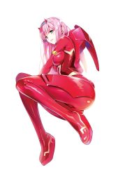 Rule 34 | 10s, 1girl, absurdres, ass, blush, bodysuit, darling in the franxx, full body, green eyes, highres, horns, long hair, pink hair, skin tight, smile, solo, thighs, transparent background, wedge heels, yabuki kentarou, zero two (darling in the franxx)