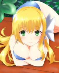 Rule 34 | 1girl, arm support, arms under breasts, bikini, blonde hair, blue bikini, blush, bow, breasts, cleavage, closed mouth, commentary, crossed arms, eyes visible through hair, feet out of frame, green eyes, hair between eyes, hair bow, hair spread out, highres, huge bow, kanemoto akari, komatsu (sakanae), large breasts, long hair, looking at viewer, lying, noble works, on stomach, shiny skin, skindentation, smile, solo, swimsuit, upturned eyes, white bow