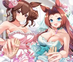 Rule 34 | 2girls, absurdres, blue eyes, blurry, blurry background, blush, breasts, bridal veil, brown hair, cleavage, closed mouth, commentary request, commission, dress, flower, hair flower, hair ornament, highres, hishi akebono (taking the first bite) (umamusume), hishi akebono (umamusume), jewelry, kawakami princess (bride-to-be!!) (umamusume), kawakami princess (umamusume), large breasts, maou (maoudaisukiya), multiple girls, necklace, open mouth, pixiv commission, pov, pov hands, ring, smile, umamusume, veil, wedding, wedding dress, wedding ring