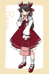 Rule 34 | 1girl, adapted costume, bag, black hair, bow, brown eyes, character name, closed mouth, dress, frilled sleeves, frills, full body, hair bow, hair tubes, hakurei reimu, handbag, highres, holding, holding bag, itatatata, long hair, long sleeves, red bow, red dress, red footwear, shoes, sidelocks, socks, solo, touhou, white socks