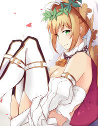 Rule 34 | 1girl, absurdres, bare shoulders, blonde hair, blush, breasts, bridal veil, chain, color1087, detached collar, detached sleeves, fate/grand order, fate (series), from side, green eyes, hair intakes, highres, leotard, lock, looking at viewer, medium breasts, nero claudius (bride) (fate), nero claudius (bride) (third ascension) (fate), nero claudius (fate), nero claudius (fate) (all), padlock, parted bangs, parted lips, sidelocks, simple background, smile, solo, thighhighs, veil, white background, white leotard, white thighhighs