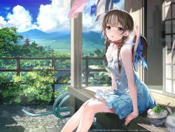 Rule 34 | 1girl, absurdres, almic, architecture, text background, bare arms, bare legs, bare shoulders, blue dress, blue sky, blush, bow, bowl, braid, breasts, brown eyes, brown hair, building, bush, castle, clear sky, cleavage, cloud, cloudy sky, collarbone, commentary request, copyright name, day, dress, dress bow, dress straps, east asian architecture, feet out of frame, floor, food, forest, frilled dress, frills, gradient dress, grass, hands on floor, hat, hat bow, hat on back, head tilt, highres, hose, house, ice cream, japanese castle, kadokawa, landscape, laundry, leaning, leaning forward, long hair, looking at viewer, low twin braids, low twintails, medium breasts, mountain, mountainous horizon, nature, on floor, open mouth, original, outdoors, porch, short dress, shouji, sidelocks, sitting, sky, sliding doors, solo, spoon, stone floor, sun hat, sundress, sweat, sweatdrop, temple, tower, translation request, tree, twin braids, twintails, vegetation, white bow, white dress, wooden floor, wooden porch