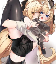 Rule 34 | 2girls, animal ear fluff, animal ears, arknights, aunt and niece, black shorts, blemishine (arknights), blonde hair, blue eyes, breasts, bright pupils, brown eyes, cape, covered erect nipples, garrison cap, grabbing, grabbing another&#039;s breast, grabbing from behind, hat, highres, horse ears, horse girl, horse tail, medium breasts, multiple girls, seto tinami, short shorts, shorts, standing, standing on one leg, tail, thick eyebrows, thighhighs, tsurime, whislash (arknights), white cape, yuri