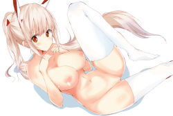 Rule 34 | 1girl, alternate breast size, ayanami (azur lane), azur lane, blonde hair, blush, breasts, full body, haru (nature life), headgear, high ponytail, long hair, looking at viewer, looking back, medium breasts, navel, nipples, nude, ponytail, pussy, red eyes, solo, thighhighs, thighs, uncensored, white thighhighs