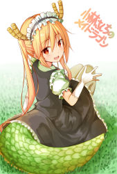 Rule 34 | 10s, 1girl, arm support, bad id, bad pixiv id, black dress, blush, breasts, brown eyes, brown hair, copyright name, dragon girl, dragon horns, dragon tail, dress, frilled sleeves, frills, from above, from behind, gloves, grass, hair between eyes, head tilt, highres, horns, kobayashi-san chi no maidragon, large breasts, large tail, long hair, looking back, maid, maid headdress, matching hair/eyes, open mouth, puffy short sleeves, puffy sleeves, sekiyu., short sleeves, sitting, slit pupils, solo, tail, tohru (maidragon), twintails, very long hair, white background, white gloves, white legwear