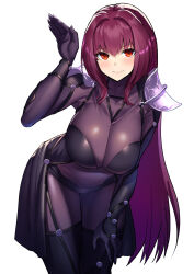 1girl armor blush bodysuit breasts cleavage covered_navel fate/grand_order fate_(series) highres large_breasts long_hair looking_at_viewer muunyan_(yumenekoya) pauldrons purple_bodysuit purple_hair red_eyes scathach_(fate) see-through see-through_bodysuit shoulder_armor smile solo thighs very_long_hair