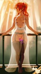 Rule 34 | 1girl, 2017, absurdres, against railing, artist name, bad id, bad tumblr id, belt, black thighhighs, blue eyes, blush, bottomless, breasts, breasts apart, cleft of venus, covered erect nipples, curvy, dress, english text, exhibitionism, female focus, full body, functionally nude, garter belt, garter straps, hairpods, highres, interface headset, lace, lace-trimmed legwear, lace trim, long hair, looking away, looking to the side, medium breasts, modeseven, narrow waist, neon genesis evangelion, nipple piercing, nipples, no bra, no panties, no shoes, object insertion, orange hair, piercing, public indecency, pussy, pussy juice, pussy juice trail, railing, remote control vibrator, see-through, sex toy, skindentation, solo, souryuu asuka langley, standing, sweat, sweatdrop, thighhighs, toned, tsundere, uncensored, vaginal, vaginal object insertion, vibrator, vibrator in thighhighs, vibrator under clothes, wide hips