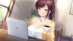 Rule 34 | 1girl, :&gt;, ayase hazuki, blush, breasts, brown hair, chair, cleavage, closed mouth, coffee, coffee cup, computer, cup, day, disposable cup, earrings, female focus, game cg, high ponytail, holding, holding cup, indoors, jewelry, knot fiction!, laptop, large breasts, light rays, long hair, looking at viewer, narumiya chisa, original, sitting, smile, solo, table, upper body, window, yellow eyes