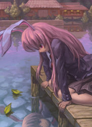 Rule 34 | 1girl, animal ears, architecture, blazer, blush, rabbit ears, east asian architecture, highres, leaf, long hair, necktie, purple hair, red eyes, reflection, reisen udongein inaba, sitting, skirt, solo, syuraime 0, touhou, water