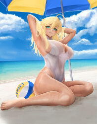 Rule 34 | 1girl, adjusting hair, ahoge, armpits, arms behind head, artist request, artoria pendragon (all), artoria pendragon (fate), artoria pendragon (swimsuit ruler) (fate), artoria pendragon (swimsuit ruler) (second ascension) (fate), ball, beach, beach umbrella, blonde hair, blush, breasts, fate/grand order, fate (series), female focus, full body, green eyes, highres, large breasts, looking at viewer, ocean, one-piece swimsuit, outdoors, sandals, see-through, sitting, solo, sweat, swimsuit, tagme, umbrella, volleyball (object), water, wet, white one-piece swimsuit, yokozuwari