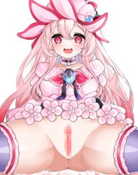 Rule 34 | 1girl, :d, anus, brooch, censored, detached collar, dress, dress flower, elsword, hat, jewelry, laby (elsword), long hair, looking at viewer, mosaic censoring, open mouth, pink dress, pink eyes, pink hair, pink hat, pink theme, purple thighhighs, pussy, sharp teeth, shining romantica (elsword), simple background, sitting, smile, solo, spread legs, sula (s ra760), teeth, thighhighs, white background