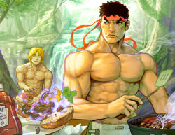 Rule 34 | 2boys, accident, blonde hair, capcom, chad walker, cheese, commentary, food, frown, grill, hadouken, burger, headband, heinz, ken masters, ketchup, lettuce, male focus, manly, multiple boys, muscular, ryu (street fighter), topless male, short hair, spatula, street fighter, water, waterfall