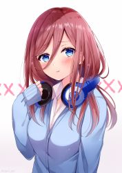 Rule 34 | 1girl, :t, blue cardigan, blue eyes, blush, brown hair, cardigan, closed mouth, collared shirt, commentary request, go-toubun no hanayome, gradient background, grey background, hair between eyes, hand up, head tilt, headphones, headphones around neck, long hair, long sleeves, looking at viewer, nakano miku, pout, sakura hiyori, shirt, sleeves past wrists, solo, upper body, white background, white shirt