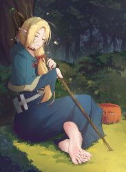 Rule 34 | 1girl, absurdres, barefoot, blonde hair, closed eyes, dungeon meshi, feet, forest, grass, highres, light blush, long hair, marcille donato, nature, parted lips, sleeping, soles, staff, toes, tree