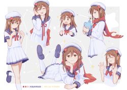 Rule 34 | 1girl, @ @, absurdres, adjusting hair, alternate costume, blue footwear, blue sailor collar, blush, bow, bowtie, breasts, brown eyes, brown hair, character name, clenched hands, constellation, cropped torso, facing viewer, feet up, flower, flying sweatdrops, grey background, hair ornament, hairclip, hand up, happy, head rest, highres, holding, index fingers together, kagerou project, kneehighs, laughing, leaning forward, long hair, long sleeves, looking at viewer, looking away, lying, midriff peek, miniskirt, multiple views, nervous, on stomach, open mouth, own hands together, pleated skirt, red bow, red bowtie, sailor collar, scarf, unworn scarf, shirt, shoe soles, short sleeves, shy, skirt, small breasts, socks, standing, standing on one leg, star (symbol), star hair ornament, tateyama ayano, the pose, vase, white flower, white headwear, white shirt, white socks, whitegull666