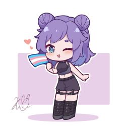 Rule 34 | 1girl, ;d, bare arms, bare shoulders, black footwear, black shorts, blue eyes, blue hair, blush, boots, breasts, chibi, colored shadow, commentary, commission, crop top, double bun, english commentary, flag, full body, hair bun, highres, holding, holding flag, knee boots, kurotofu, looking at viewer, medium breasts, midriff, multicolored hair, navel, one eye closed, open mouth, original, pink background, purple hair, shadow, shirt, short eyebrows, shorts, signature, sleeveless, sleeveless shirt, smile, solo, standing, thick eyebrows, transgender flag, two-tone background, two-tone hair, white background