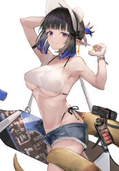 Rule 34 | 1girl, arknights, arm up, bare arms, bare shoulders, black hair, blue eyes, breasts, camisole, commentary request, cowboy shot, cutoffs, denim, denim shorts, ema (kuguiema), eunectes (arknights), hand up, highres, large breasts, looking at viewer, midriff, navel, pointy ears, short hair, short shorts, shorts, simple background, smile, snake tail, solo, standing, stomach, tail, thighs, underboob, white background