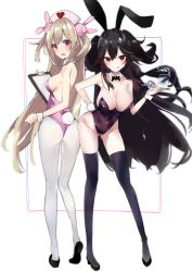 Rule 34 | 2girls, animal ears, apron, ass, black hair, black legwear, black leotard, black neckwear, bow, bowtie, breasts, rabbit hair ornament, cleavage, clipboard, crossover, detached collar, fake animal ears, from behind, full body, hair ornament, harenchi, hat, highres, kuusou code plus, large breasts, leaning forward, leotard, light brown hair, long hair, looking at viewer, looking back, multiple girls, natori sana, nurse cap, pantyhose, pink apron, pink headwear, pink leotard, playboy bunny, rabbit ears, rabbit tail, red eyes, sana channel, smile, standing, strapless, strapless leotard, tail, thighhighs, tongue, tongue out, tray, twintails, two side up, virtual youtuber, white background, white legwear, wrist cuffs, yoruno tobari