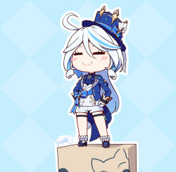Rule 34 | 1girl, ahoge, black footwear, black shirt, blue hair, blue headwear, blue jacket, blush, box, cardboard box, chibi, closed eyes, closed mouth, commentary request, facing viewer, full body, furina (genshin impact), genshin impact, gloves, grey hair, hair between eyes, hand on own hip, high heels, highres, jacket, langbazi, multicolored hair, open clothes, open jacket, outline, shirt, short shorts, shorts, signature, smile, socks, solo, standing, streaked hair, tilted headwear, vest, white gloves, white outline, white shorts, white socks, white vest