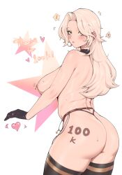 Rule 34 | !, 1girl, absurdres, ass, black gloves, blonde hair, breasts, choker, closed mouth, cowboy shot, from behind, gloves, green eyes, highres, huge ass, large breasts, long hair, looking at viewer, looking back, mad8nana, milestone celebration, nipple piercing, nipples, nude, original, parted bangs, piercing, public indecency, revealing clothes, sideboob, simple background, solo, speech bubble, spoken exclamation mark, star (symbol), starry background, thick thighs, thighhighs, thighs, thong, white background