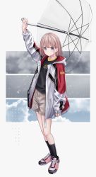 Rule 34 | 1girl, 3mptydays, absurdres, arm at side, arm up, bag, black shirt, black socks, blue eyes, closed mouth, clothes writing, cloud, cloudy sky, earrings, expressionless, full body, grey background, grey shorts, highres, holding, holding umbrella, hood, hooded jacket, idolmaster, idolmaster shiny colors, jacket, jewelry, light blush, light brown hair, long sleeves, looking at viewer, open clothes, open jacket, overcast, paneled background, pink footwear, pocket, rain, red jacket, serizawa asahi, shirt, shoes, short hair, shorts, shoulder bag, sky, sleeves past wrists, sneakers, socks, solo, standing, translation request, transparent, transparent umbrella, umbrella, white jacket
