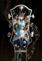 Rule 34 | 1girl, absurdres, ambience synesthesia, amiya (arknights), animal ear fluff, animal ears, aqua sash, arknights, beamed sixteenth notes, black background, black collar, black footwear, blue collar, brown hair, closed eyes, closed mouth, collar, commentary, crown, daylightallure, detached collar, dress, english commentary, flower, globus cruciger, hand up, highres, holding, instrument, long hair, musical note, off-shoulder dress, off shoulder, official alternate costume, pantyhose, rabbit ears, rabbit girl, short sleeves, sixteenth note, solo, treble clef, white dress, white pantyhose, wide shot