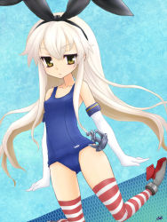 Rule 34 | 10s, 1girl, ashmix, blonde hair, brown eyes, elbow gloves, gloves, hairband, kantai collection, long hair, one-piece swimsuit, personification, school swimsuit, shimakaze (kancolle), striped clothes, striped thighhighs, swimsuit, thighhighs