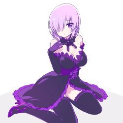 Rule 34 | 1girl, alternate costume, bare shoulders, black detached collar, black dress, black gloves, black thighhighs, breasts, chan co, cleavage, cross-laced footwear, detached collar, dress, elbow gloves, fate/grand order, fate (series), female focus, formal, gloves, hair over one eye, high heels, large breasts, legs, light purple hair, looking at viewer, mash kyrielight, panties, purple eyes, purple high heels, purple panties, shadow, short hair, simple background, sitting, solo, strapless, strapless dress, thighhighs, underwear, wariza, white background, yokozuwari