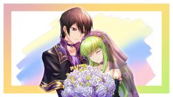 Rule 34 | 1boy, 1girl, black capelet, black hair, bouquet, c.c., capelet, closed eyes, closed mouth, code geass, code geass: fukkatsu no lelouch, collarbone, couple, d-l-l, detached sleeves, flower, frilled sleeves, frills, green hair, green sleeves, hair flower, hair ornament, highres, holding, holding bouquet, leaning to the side, lelouch vi britannia, long hair, purple eyes, purple flower, rose, short hair, smile, upper body, veil, very long hair, white flower, white rose
