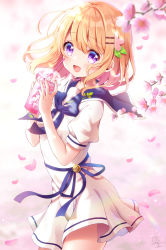 Rule 34 | 1girl, :d, blue sailor collar, blush, cherry blossoms, commentary request, cowboy shot, cup, disposable cup, dress, drink, drinking straw, gochuumon wa usagi desu ka?, hair between eyes, hair ornament, hairclip, highres, holding, holding drink, hoto cocoa, looking at viewer, medium hair, mozukun43, open mouth, orange hair, petals, puffy short sleeves, puffy sleeves, purple eyes, sailor collar, sailor dress, short hair, short sleeves, signature, smile, solo, white dress