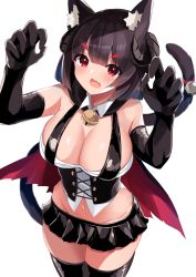 Rule 34 | 1girl, absurdres, animal ear fluff, animal ears, azur lane, bare shoulders, bell, black gloves, black hair, black skirt, black thighhighs, breasts, cape, cat ears, cat tail, corset, elbow gloves, fang, gloves, halloween, highres, horns, large breasts, looking at viewer, microskirt, red eyes, short hair, simple background, skin fang, skin tight, skindentation, skirt, solo, tail, tail bell, tail ornament, thighhighs, white background, yamaha tsui, yamashiro (azur lane)