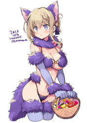 Rule 34 | 1girl, animal ears, basket, blonde hair, blush, braid, braided bun, breasts, cleavage, closed mouth, cosplay, cropped legs, dated, fate/grand order, fate (series), fur-trimmed gloves, fur-trimmed legwear, fur bikini, fur trim, gloves, hair between eyes, hair bun, halloween costume, holding, holding basket, kantai collection, large breasts, mash kyrielight, mash kyrielight (dangerous beast), mash kyrielight (dangerous beast) (cosplay), o-ring, o-ring top, odawara hakone, official alternate costume, perth (kancolle), purple eyes, purple gloves, purple legwear, revealing clothes, short hair, simple background, solo, tail, twitter username, white background, wolf ears, wolf tail