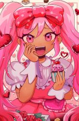Rule 34 | 1girl, belt, buttons, cherry, chocolate, collared shirt, cupcake, dress, flower, food, frilled sleeves, frills, fruit, g tsurius, gradient background, hair between eyes, hair ribbon, hand on own face, heart, holding, holding food, long hair, looking at viewer, omori, open mouth, pink belt, pink dress, pink eyes, pink hair, pink ribbon, polka dot, polka dot ribbon, puffy short sleeves, puffy sleeves, red flower, red rose, ribbon, rose, shirt, short sleeves, smile, solo, sprinkles, sweetheart (omori), tan, teeth, twintails, upper body, upper teeth only, white shirt, white wrist cuffs, wrist cuffs