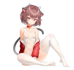 Rule 34 | 1girl, animal collar, animal ear hairband, animal ears, artist request, bare shoulders, bell, belt collar, between legs, black tail, breasts, brown hair, cat ear hairband, cat ears, cat tail, check artist, chestnut mouth, collar, collarbone, covered navel, crossed bangs, fake animal ears, feet, full body, hair between eyes, hair flaps, hairband, hand between legs, highleg, highleg one-piece swimsuit, highleg swimsuit, highres, jacket, jingle bell, keibeam, knee up, light blush, looking at viewer, mole, mole on breast, mole under eye, neck bell, no shoes, off shoulder, one-piece swimsuit, original, prunechi, puffy short sleeves, puffy sleeves, raised eyebrows, red collar, red eyes, red jacket, short hair, short sleeves, simple background, sitting, skindentation, small breasts, solo, swimsuit, tail, thighhighs, toes, white background, white one-piece swimsuit, white thighhighs