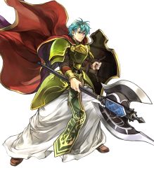 Rule 34 | 1boy, aqua eyes, armor, axe, battle axe, boots, brown footwear, cape, cosplay, ephraim (fire emblem), fado (fire emblem), fado (fire emblem) (cosplay), fire emblem, fire emblem: the sacred stones, fire emblem heroes, full armor, full body, green armor, green hair, highres, holding, holding axe, holding shield, loincloth, male focus, nintendo, official art, pants, pauldrons, red cape, robe, serious, shield, short hair, shoulder armor, solo, transparent background, undershirt, wada sachiko, weapon, white robe