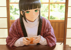 Rule 34 | 1girl, bad id, bad pixiv id, black hair, blunt bangs, blush, closed mouth, day, food, fruit, green eyes, hair ornament, hairclip, hanten (clothes), holding, holding food, indoors, kurosawa dia, long hair, long sleeves, looking at viewer, love live!, love live! sunshine!!, mandarin orange, mole, mole under mouth, open clothes, papi (papiron100), plaid, pov across table, reflection, reflective table, shouji, sidelocks, sleeves past wrists, sliding doors, smile, solo, sweater, table, upper body, white sweater, wooden table