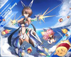 Rule 34 | 2girls, absurdres, ahoge, alternate costume, animal ears, april fools, armor, armored boots, aviator sunglasses, azur lane, baltimore (azur lane), bare shoulders, bird, black thighhighs, blue sky, boots, braid, breasts, bremerton (azur lane), brown hair, chick, chinese commentary, cleavage, closed mouth, clothing cutout, cloud, commentary, commentary request, elbow gloves, english commentary, engrish commentary, fake tail, faulds, floating, french braid, garter straps, gloves, gluteal fold, grey hair, hair between eyes, hair intakes, hair ornament, headgear, highres, large breasts, long hair, manjuu (azur lane), mecha musume, mixed-language commentary, mole, mole on breast, multicolored hair, multiple girls, navel, pelvic curtain, pink hair, rabbit ears, red-tinted eyewear, rocket boots, short hair, sidelocks, skindentation, sky, stomach, stomach cutout, streaked hair, sunglasses, tail, thighhighs, tinted eyewear, twintails, two-tone hair, underboob, white gloves, yellow eyes, yusha m, zipper pull tab