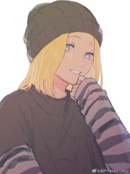 Rule 34 | 1boy, artist request, beanie, black shirt, blonde hair, blue eyes, character request, check artist, denbu (amp p p), hand up, hat, highres, layered sleeves, long hair, long sleeves, looking at viewer, luo xiaohei zhanji, parted lips, shirt, short over long sleeves, short sleeves, simple background, sleeves past wrists, smile, solo, third-party source, upper body, weibo watermark, white background