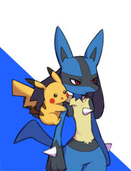 Rule 34 | :o, absurdres, closed mouth, colaoud, commentary request, creatures (company), furry, game freak, gen 1 pokemon, gen 4 pokemon, hanging, highres, korean commentary, lucario, nintendo, pikachu, pokemon, pokemon (creature), pokemon on arm, red eyes, spikes, two-tone background, yellow fur