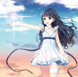 Rule 34 | 1girl, :d, arm at side, black hair, black ribbon, blue dress, blue eyes, blush, cloud, collar, collarbone, criss-cross halter, diffraction spikes, dress, eyebrows, flat chest, halterneck, halterneck, long hair, masuishi kinoto, open mouth, original, outstretched arm, ribbon, shima (shima je), sky, smile, solo, sparkle, standing, wind