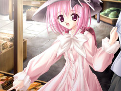 Rule 34 | 1girl, bag, cafe little wish, dress, european clothes, game cg, happy, hat, lily (cafe little wish), male hand, pink dress, pink eyes, pink hair, pointing, ribbon, short hair, smile, solo, tinker bell (pixiv 10956015)
