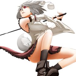Rule 34 | 1girl, animal ears, bare shoulders, boots, censored, convenient censoring, convenient leg, detached sleeves, female focus, icf, inubashiri momiji, mazuka kei, pom pom (clothes), red eyes, short hair, skirt, solo, sword, tail, touhou, weapon, white hair, wolf ears, wolf tail