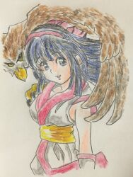 Rule 34 | 1girl, ainu clothes, blue eyes, blue hair, breasts, fighting stance, fingerless gloves, gloves, hair ribbon, highres, large breasts, legs, long hair, looking at viewer, mamahaha, nakoruru, pants, parted lips, pink lips, ribbon, samurai spirits, smile, snk, the king of fighters, thighs, traditional media, weapon