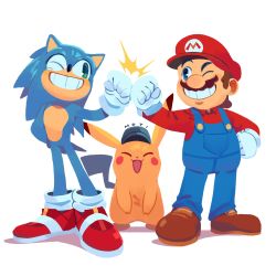 Rule 34 | 2boys, ^ ^, blue overalls, closed eyes, clothed pokemon, collared shirt, creatures (company), crossover, detective pikachu, detective pikachu (character), detective pikachu (movie), facial hair, furry, furry male, game freak, gen 1 pokemon, gloves, grin, hand on own hip, hat, highres, mario, mario (series), multiple boys, multiple crossover, mustache, nintendo, no lineart, one eye closed, overalls, pikachu, pokemon, pokemon (creature), red footwear, sega, shirt, shoes, simple background, smile, sneakers, sonic (live action), sonic (series), sonic the hedgehog, sonic the hedgehog (film), supsross, the super mario bros. movie, trait connection, white background, white gloves, wink
