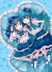 Rule 34 | 10s, 2girls, alternate costume, armpits, blue eyes, blue hair, color connection, crown, earrings, frills, grin, holding hands, happinesscharge precure!, heartcatch precure!, jewelry, kurumi erika, long hair, lying, mini crown, mirrrrr, multiple girls, one eye closed, precure, shirayuki hime, smile, v, wink