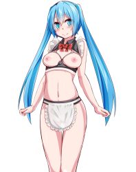 Rule 34 | 1girl, apron, aqua eyes, aqua hair, blush, breastless clothes, breasts, female focus, frills, hatsune miku, highres, jack dempa, long hair, looking at viewer, maid, maid apron, navel, nipples, pussy, see-through, simple background, smile, solo, thigh gap, twintails, very long hair, vocaloid, white background