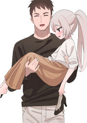 Rule 34 | 1boy, 1girl, artist name, black footwear, black shirt, blush, brown hair, brown skirt, carrying, carrying person, closed eyes, elf, embarrassed, grey hair, height difference, high heels, highres, holding, holding clothes, holding footwear, long skirt, open mouth, original, pointy ears, ponytail, princess carry, shirt, signature, simple background, skirt, smile, standing, sweatdrop, white background, white shirt, zenshin